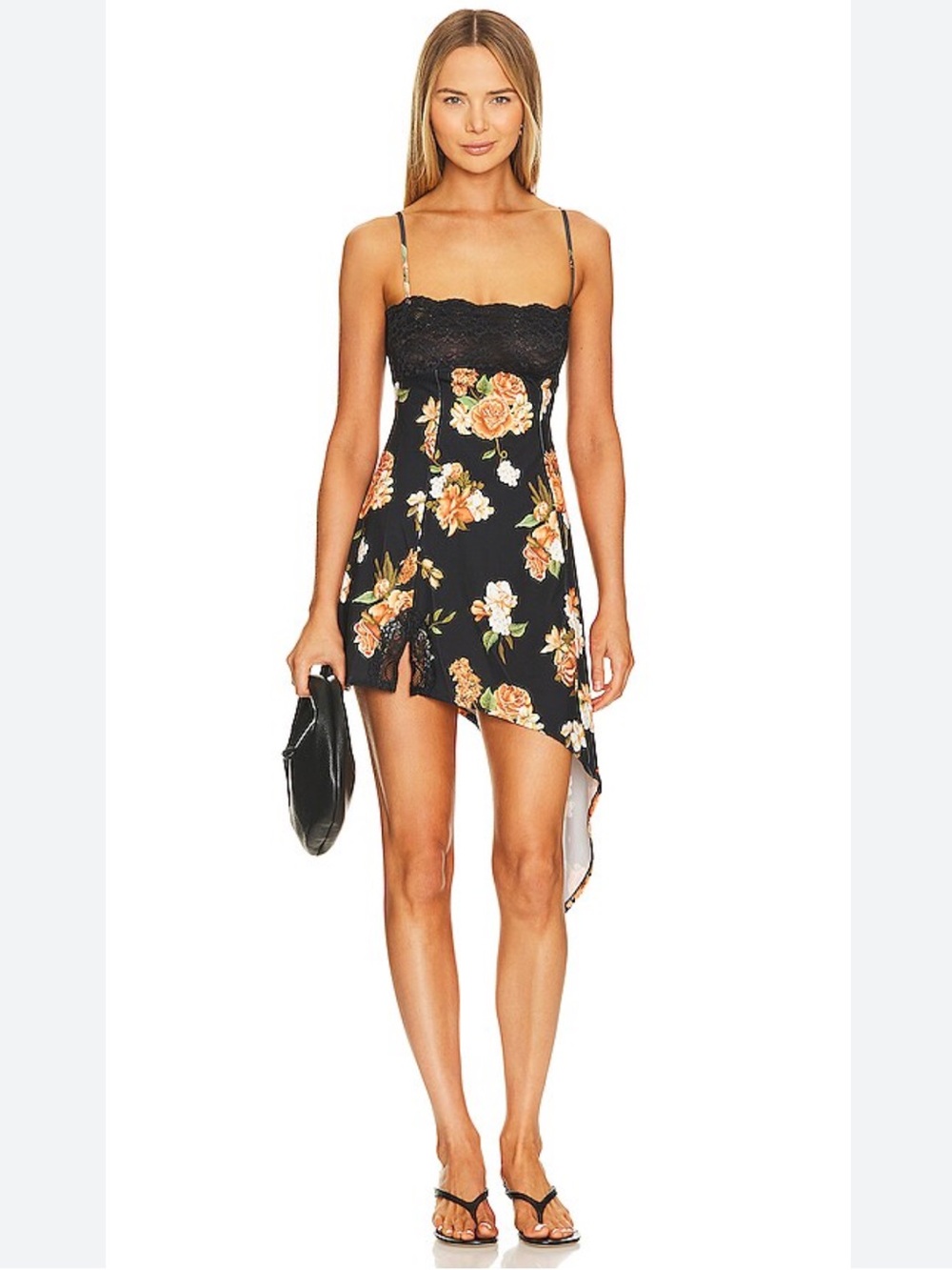 Lace Asymmetrical Slip Dress in Black Multi
NWT
